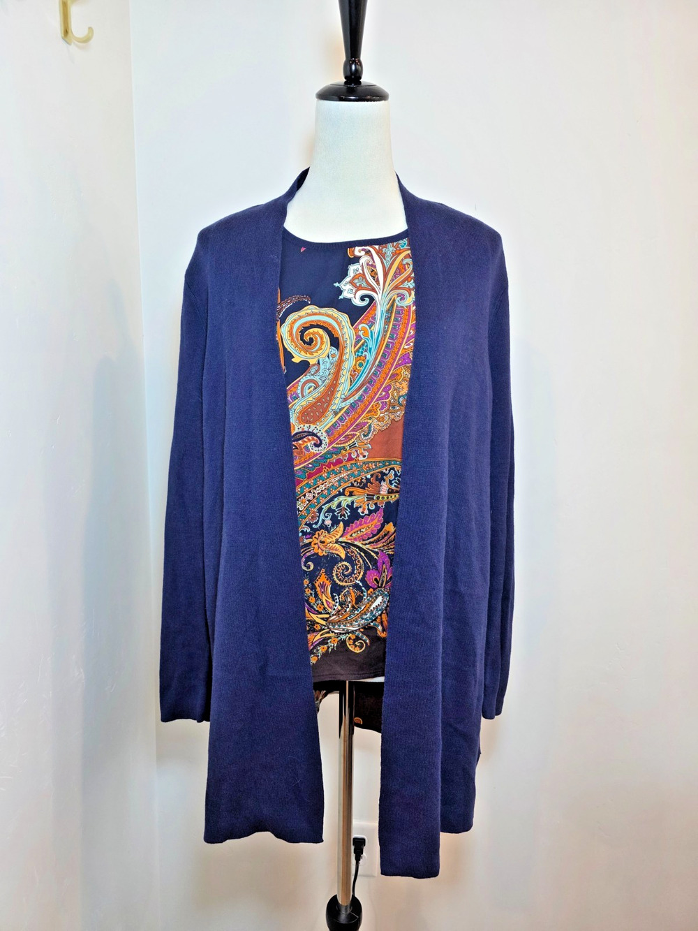 Chico's Cardigan Tank Set Womens Size 2 Paisley Navy Blue Open Front Lightweight
